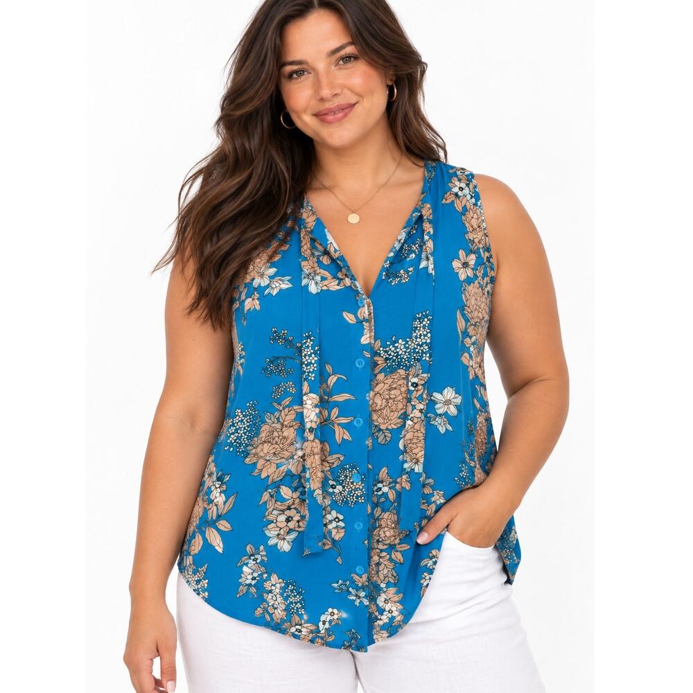 Torrid Floral Crepe Tie Front Tank Womens Size 3X Turquoise Tan Button Top